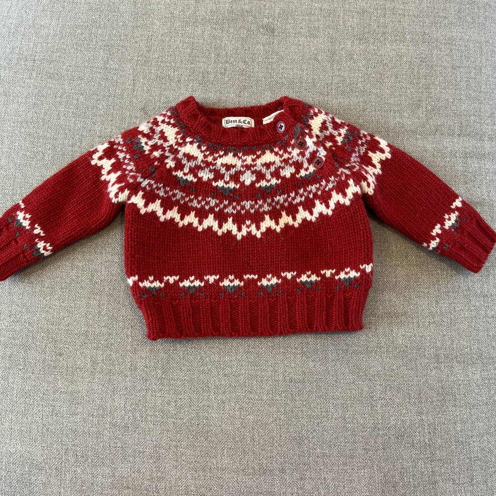 Best & Co. 100% Wool Knit Sweater Red Pattern Size 6m Unisex Baby Toddler